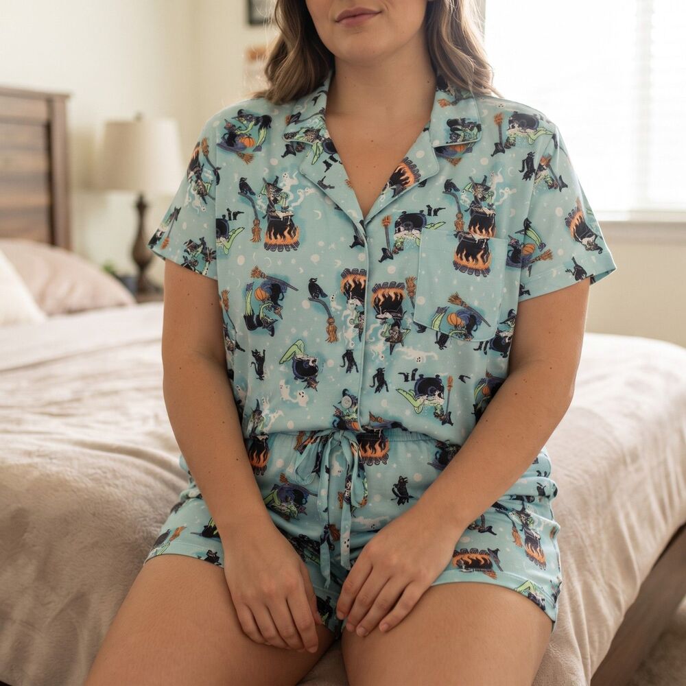 Way To Celebrate Plus Size 3X Spooky Pastel Witch Black Cat 2PC Pajama Set EUC